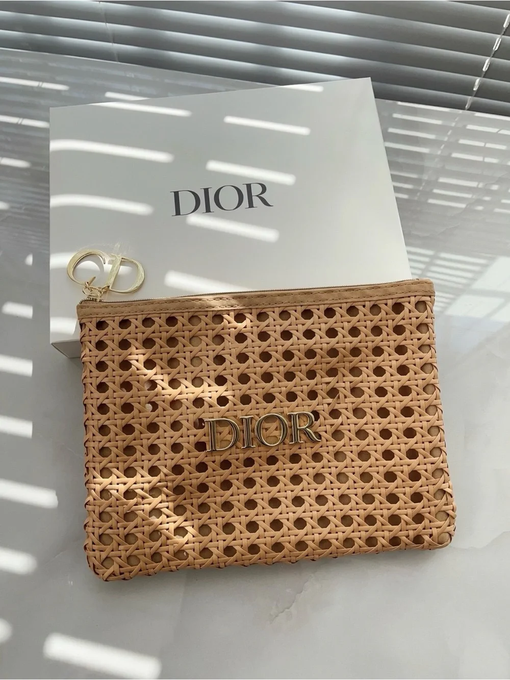 DIOR beaute Tan Woven Raffia Zip Pouch